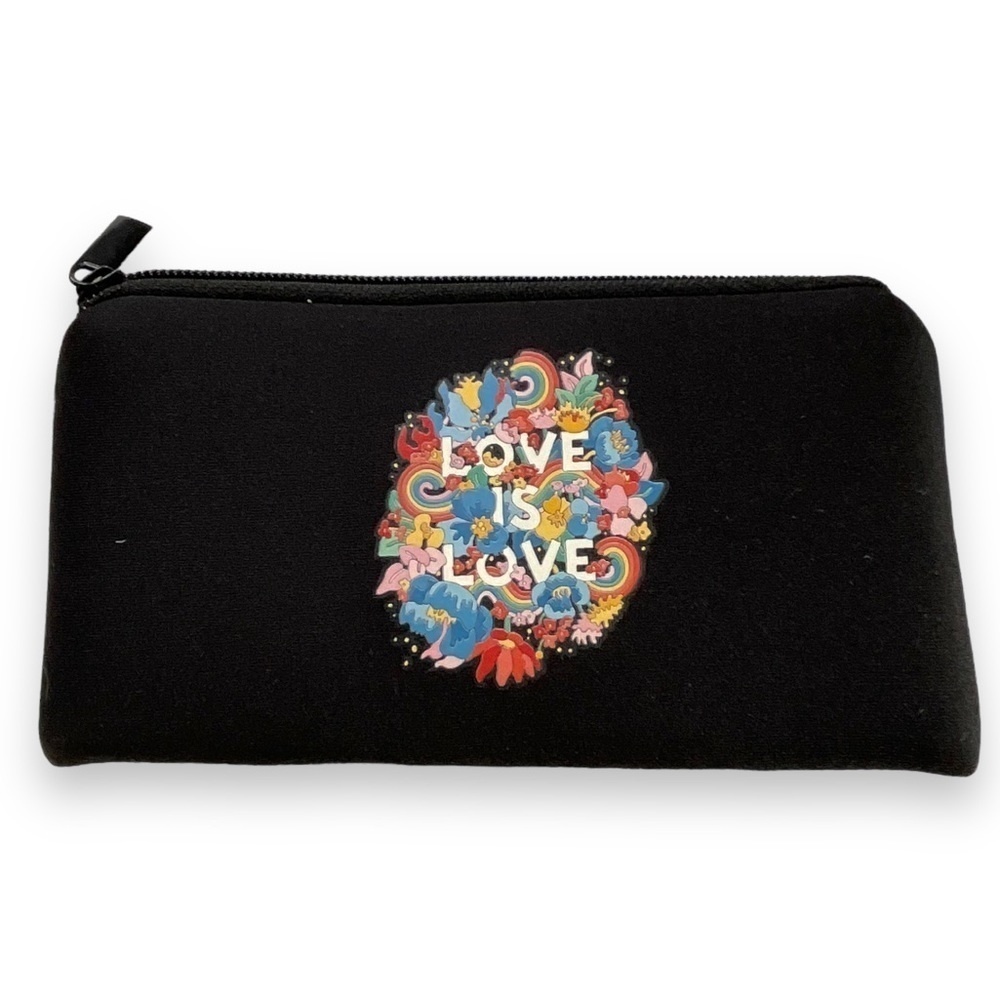 Love Is Love Pride Cosmetic Bag Women’s Neoprene Black Zipper Rainbow Flowers